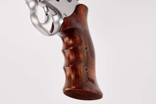 KORTH SILVER MONGOOSE 4" SILVER DLC .357 MAGNUM BOTTOM LEFT SIDE VIEW FRONT ANGLE