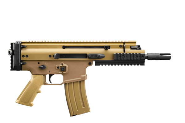 FN HERSTAL SCAR 15P V-RAIL PISTOL FDE 7.5" 5.56 NATO TOP RIGHT SIDE VIEW FRONT ANGLE