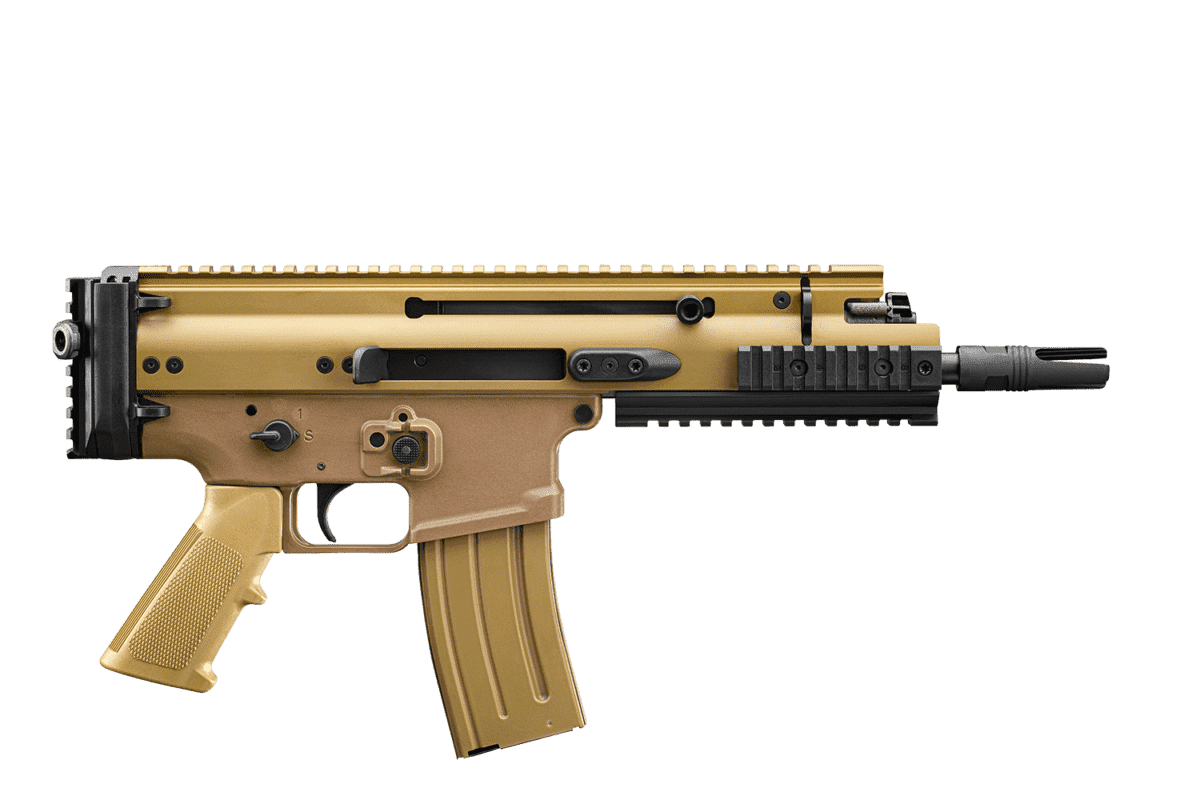 FN HERSTAL SCAR 15P V-RAIL PISTOL FDE 7.5" 5.56 NATO TOP RIGHT SIDE VIEW FRONT ANGLE