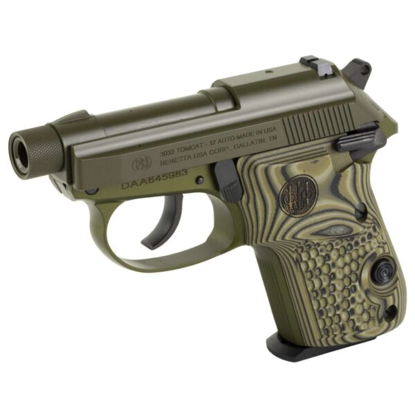 BERETTA 3032 TOMCAT KALE SLUSHY OD GREEN THREADED .32ACP TOP LEFT SIDE VIEW FRONT ANGLE
