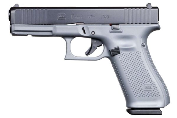 APOLLO CUSTOM GLOCK 17 GEN 5 CONCRETE GRAY FRAME ELITE BLACK SLIDE CERAKOTE 9MM LEFT SIDE VIEW