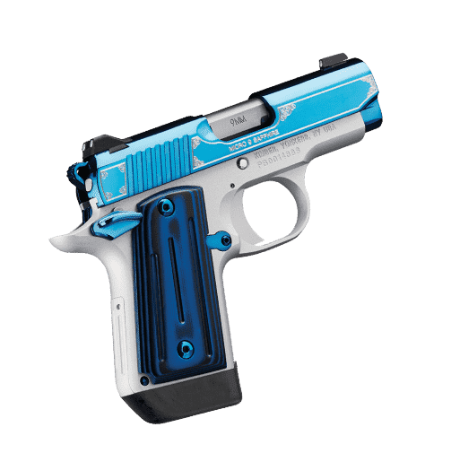 KIMBER MICRO 9 SAPPHIRE REAR RIGHT SIDE VIEW ANGLED UP WITH EXTEND MAGAZINE