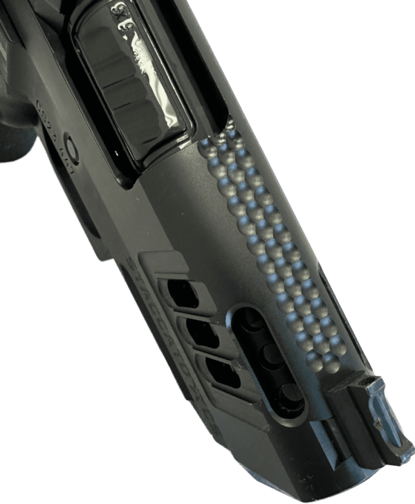 STACCATO CS CUSTOM OPTIC READY V6 PORTED BULL 3.5" BARREL DLC TRIGGER JOB 9MM FRONT RIGHT SIDE VIEW MACHINGIN AND PORTS CLOSE UP