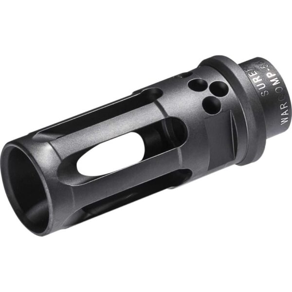 SUREFIRE WARCOMP CLOSED TINE FLASH HIDER 5.56 TOP LEFT SIDE VIEW FRONT ANGLE
