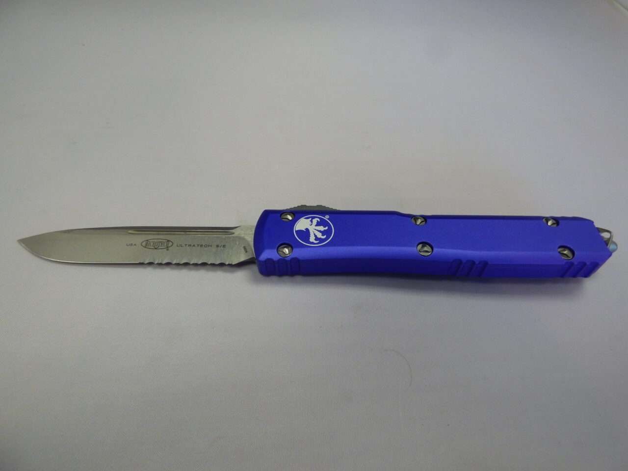 MICROTECH ULTRATECH SINGLE EDGE PURPLE STONEWASH PARTIAL SERRATED EDGE UP