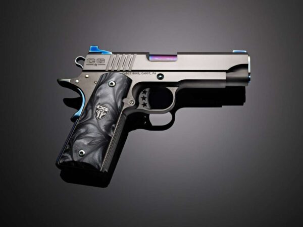 CABOT GUN OF THE MONTH MARCH MIDNIGHT STANDARD .45 ACP TOP LEFT SIDE VIEW REAR ANGLE