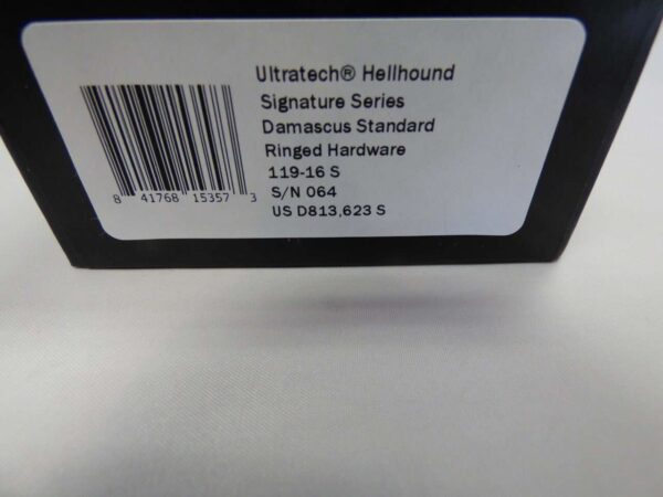 MICROTECH ULTRATECH HELLHOUND SIGNATURE SERIES DAMASCUS STANDARD RINGED HARDWARE LABEL