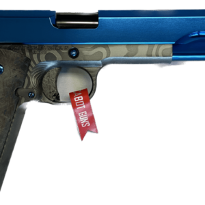 CABOT ONE OF A KIND GRADE CUSTOM 1911 BLUE PVD SLIDE WITH COMPENSATOR DAMASCUS FRAME METEORITE TRIGGER, GRIPS AND SIGHTS .45 ACP LEFT SIDE VIEW