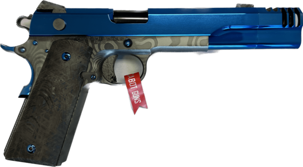 CABOT ONE OF A KIND GRADE CUSTOM 1911 BLUE PVD SLIDE WITH COMPENSATOR DAMASCUS FRAME METEORITE TRIGGER, GRIPS AND SIGHTS .45 ACP LEFT SIDE VIEW