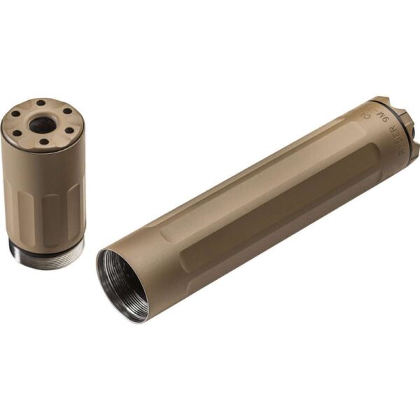 surefire ryder 9m-ti dark earth top left side view front angle with front end separated and vertical