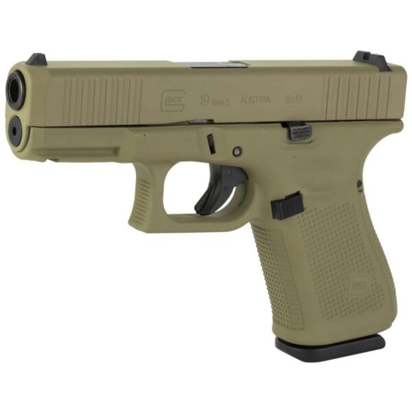 GLOCK 19 GEN5 FS SKYDAS CERAKOTE COYOTE TAN 9MM AUSTRIA LEFT SIDE VIEW FRONT ANGLE