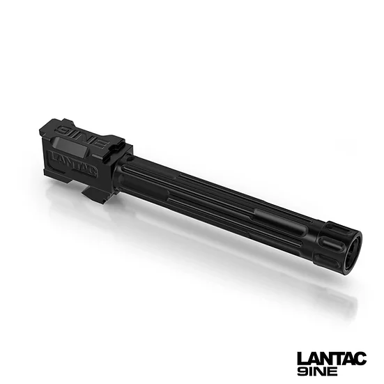 LANTAC GLOCK 9INE G17 THREADED UPGRADE BARREL BLACK RIGHT SIDE VIEW FRONT ANGLE THREAD PROTECTOR ON