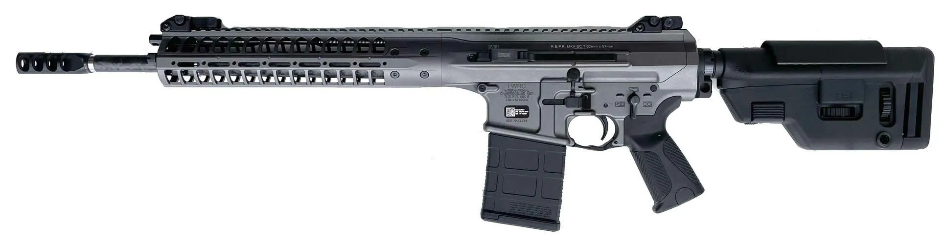 LWRC REPR MKII ELITE SIDE CHARGING TUNGSTEN GREY PROOF RESEARCH CARBON FIBER 16" 7.62X51 LEFT SIDE VIEW
