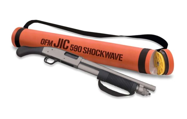 MOSSBERG 590 SHOCKWAVE JIC 12GA RIGHT SIDE VIEW LAYING ON SIDE WITH CASE OPEN