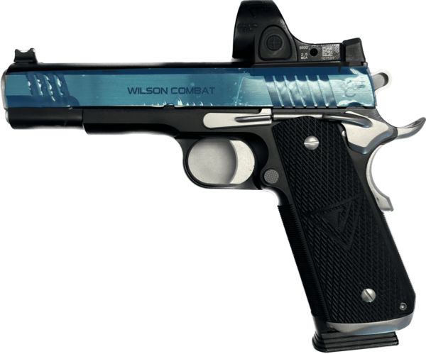 WILSON COMBAT 1911 VICKERS ELITE TWO-TONE STAINLESS CONTROLS OPTIC READY 5" .45 LEFT SIDE VIEW WITH PROTECTIVE FILM ON FLATS, OPTIC NOT INCLUDED