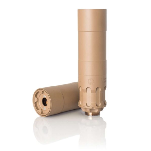 rugged suppressor obsidian 9 silencer flat dark earth long configuration left side view front angled forward