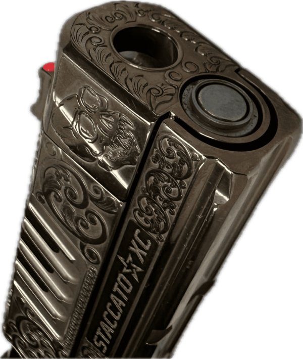STACCATO XC CUSTOM ENGRAVED ROSE GOLD 9MM MUZZLE CLOSE UP