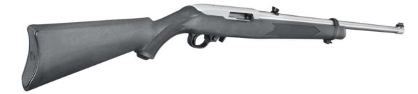 RUGER 10/22 STAINLESS WITH BLACK SYNTHETIC STOCK RIGHT SIDE VIEW REAR ANGLE