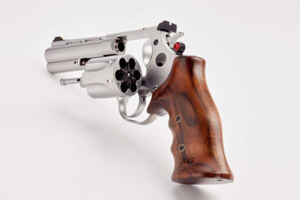 KORTH SILVER MONGOOSE 4" SILVER DLC .357 MAGNUM LEFT SIDE VIEW REAR ANGLE CYLINDER OPEN