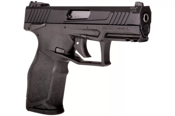 TAURUS TX22 ANODIZED BLACK 22LR BLACK POLYMER FRAME 16 ROUND MANUAL SAFETY RIGHT SIDE VIEW FRONT ANGLE