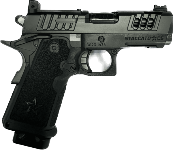 STACCATO CS CUSTOM OPTIC READY V6 PORTED BULL 3.5" BARREL DLC 9MM TOP RIGHT SIDE VIEW FRONT ANGLE PORTING AND MACHINING CLOSE UP
