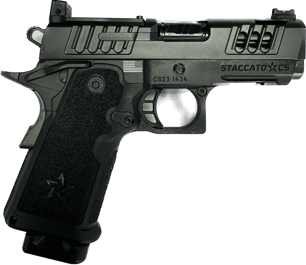 STACCATO CS CUSTOM OPTIC READY V6 PORTED BULL 3.5" BARREL DLC 9MM TOP RIGHT SIDE VIEW FRONT ANGLE PORTING AND MACHINING CLOSE UP