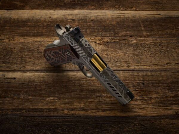 CABOT GUN OF THE MONTH DECEMBER SAGUARO 4.25" 45ACP TOP RIGHT SIDE VIEW FRONT ANGLE