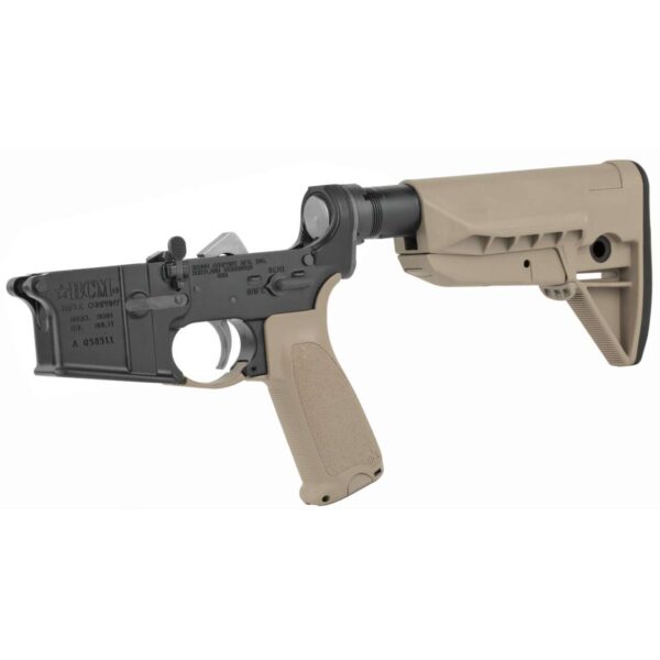 BCM COMPLETE RIFLE LOWER RECEIVER FDE GUNFIGHTER FURNITURE LEFT SIDE VIEW FRONT ANGLE