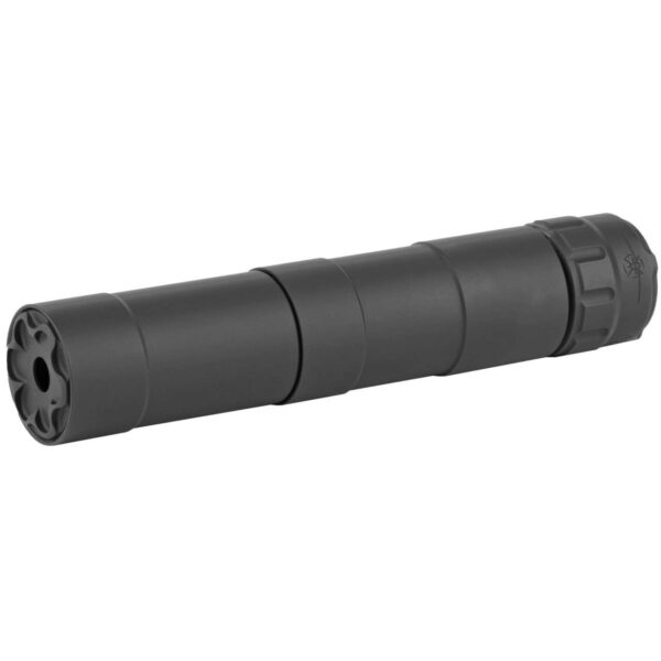 rugged suppressors mustang 22 black silencer left side view muzzle angled forward