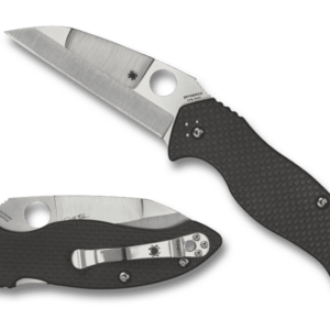 SPYDERCO CANIS CLOSED AND OPEN WITH TIP ANGLED UP TO THE LEFT AND EDGE FACING DOWN