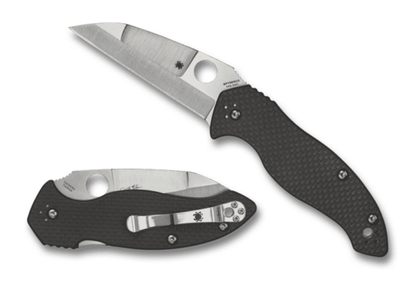 SPYDERCO CANIS CLOSED AND OPEN WITH TIP ANGLED UP TO THE LEFT AND EDGE FACING DOWN
