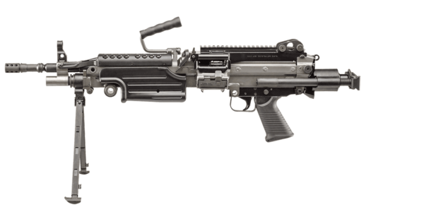 m249s para black left side view bipod open and stock closed