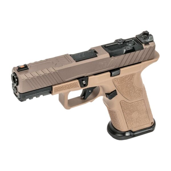 ZEV TECH OZ9C ELITE X-GRIP FDE PISTOL 9MM TOP LEFT SIDE VIEW FRONT ANGLE
