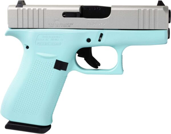 APOLLO CUSTOM GLOCK 43X ROBINS EGG BLUE FRAME SHIMMERING ALUMINUM SLIDE CERAKOTE 9MM LEFT SIDE VIEW MUZZLE ANGLED DOWN