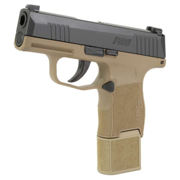 sig sauer p365 coyote grip mod with nitron slide left side view muzzle up with 15 round magazine front angle