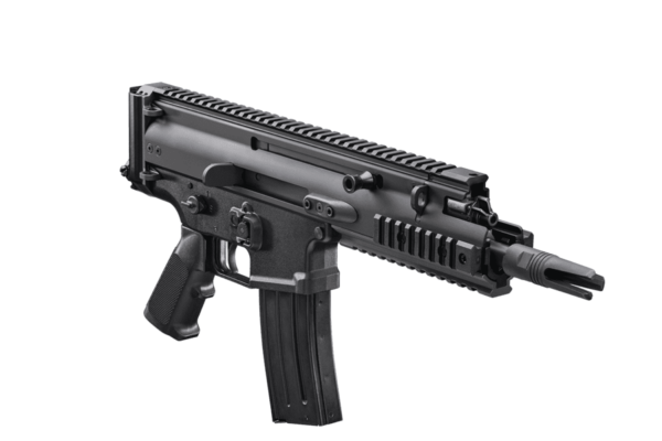 FN HERSTAL SCAR 15P V-RAIL PISTOL BLACK 7.5" 5.56 NATO TOP RIGHT SIDE VIEW FRONT ANGLE