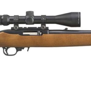 RUGER 10/22 CARBINE HARDWOOD STOCK 18.5" STOCK WITH SCOPE LEFT SIDE VIEW FRONT ANGLE