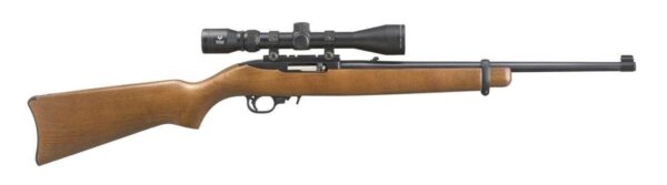 RUGER 10/22 CARBINE HARDWOOD STOCK 18.5" STOCK WITH SCOPE LEFT SIDE VIEW FRONT ANGLE