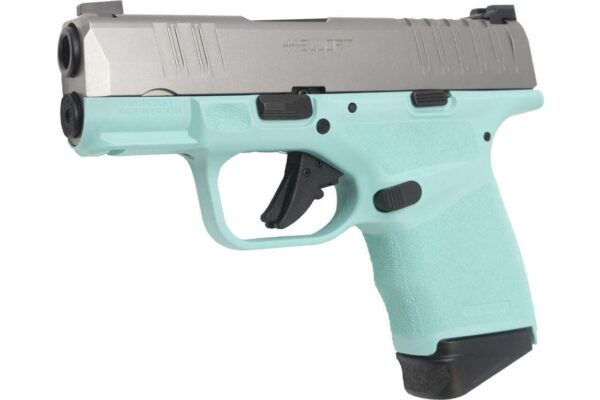 SPRINGFIELD ARMORY HELLCAT® 3″ MICRO-COMPACT ROBINS EGGS BLUE STAINLESS DAVIDSON'S EXCLUSIVE LEFT SIDE VIEW FRONT ANGLE