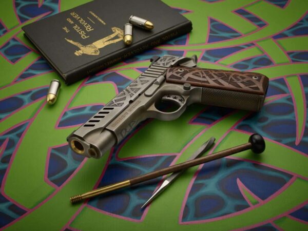 CABOT GUN OF THE MONTH DECEMBER SAGUARO 4.25" 45ACP LEFT SIDE VIEW LAYING FLAT