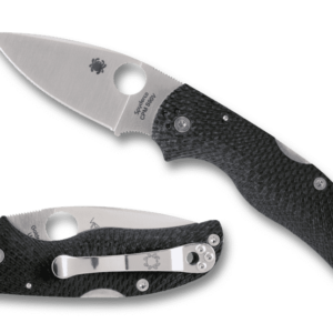 SPYDERCO NATIVE 5 FLUTED CARBON FIBER CPM S90V CLOSED AND OPEN WITH TIP ANGLED LEFT AND EDGE FACING DOWN