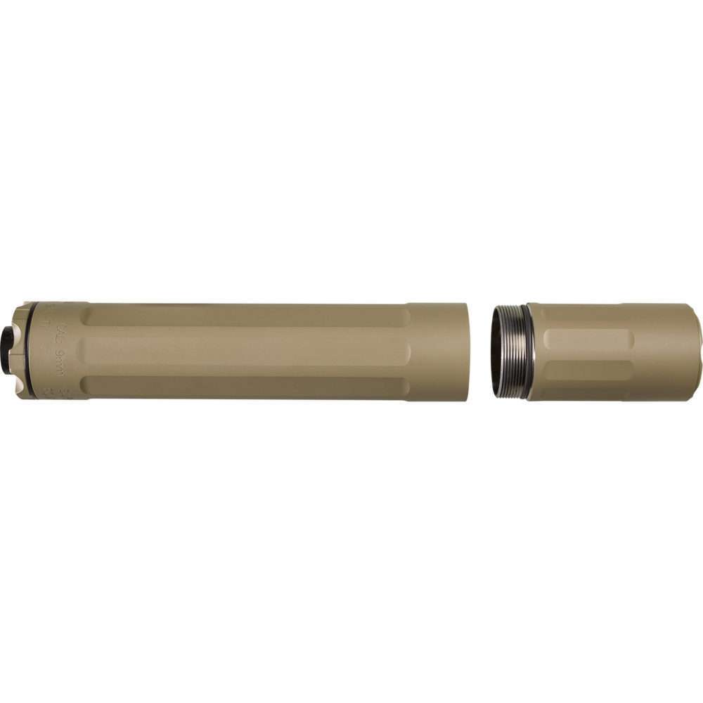 surefire ryder 9m-ti dark earth top left side view front angle with front end separated and vertical