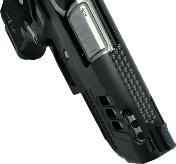 STACCATO CS CUSTOM OPTIC READY V6 PORTED BULL 3.5" BARREL HARD CHROME 9MM TOP RIGHT SIDE VIEW FRONT ANGLE PORTING CUSTOM WORK CLOSE UP