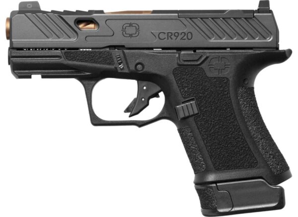 SHADOW SYSTEMS CR920 ELITE BLACK FRAME BRONZE BARREL WITH EXTENDED MAGAZINE LEFT SIDE VIEW