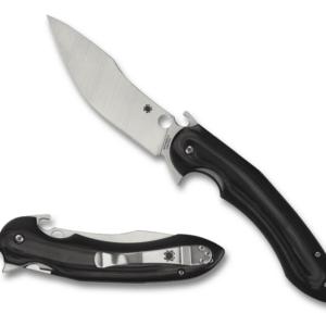 SPYDERCO TROPEN PLAINEDGE SATIN G-10 OPEN LEFT SIDE VIEW TIP ANGLED UP EDGE DOWN AND CLOSED RIGHT SIDE VIEW SHOWING CLIP