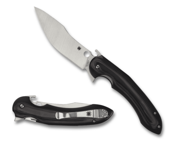 SPYDERCO TROPEN PLAINEDGE SATIN G-10 OPEN LEFT SIDE VIEW TIP ANGLED UP EDGE DOWN AND CLOSED RIGHT SIDE VIEW SHOWING CLIP