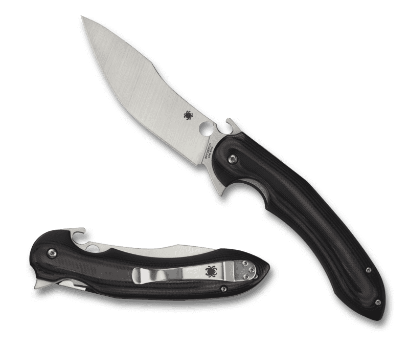 SPYDERCO TROPEN PLAINEDGE SATIN G-10 OPEN LEFT SIDE VIEW TIP ANGLED UP EDGE DOWN AND CLOSED RIGHT SIDE VIEW SHOWING CLIP