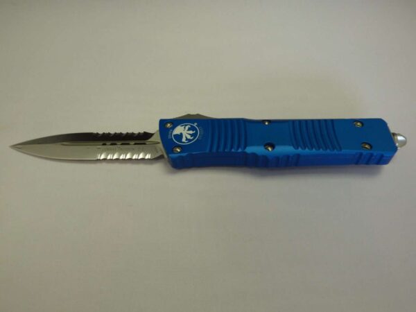 MICROTECH COMBAT TROODON DOUBLE EDGED BLUE SATIN STANDARD PARTIAL SERRATED LABEL