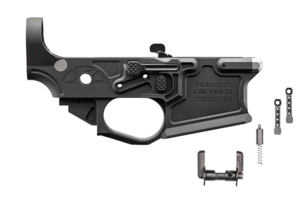 SPIKES BILLET LOWER GEN II LEFT SIDE VIEW WITH SELECTOR, BUFFER RETAINER AND ANTI ROTATE PINS