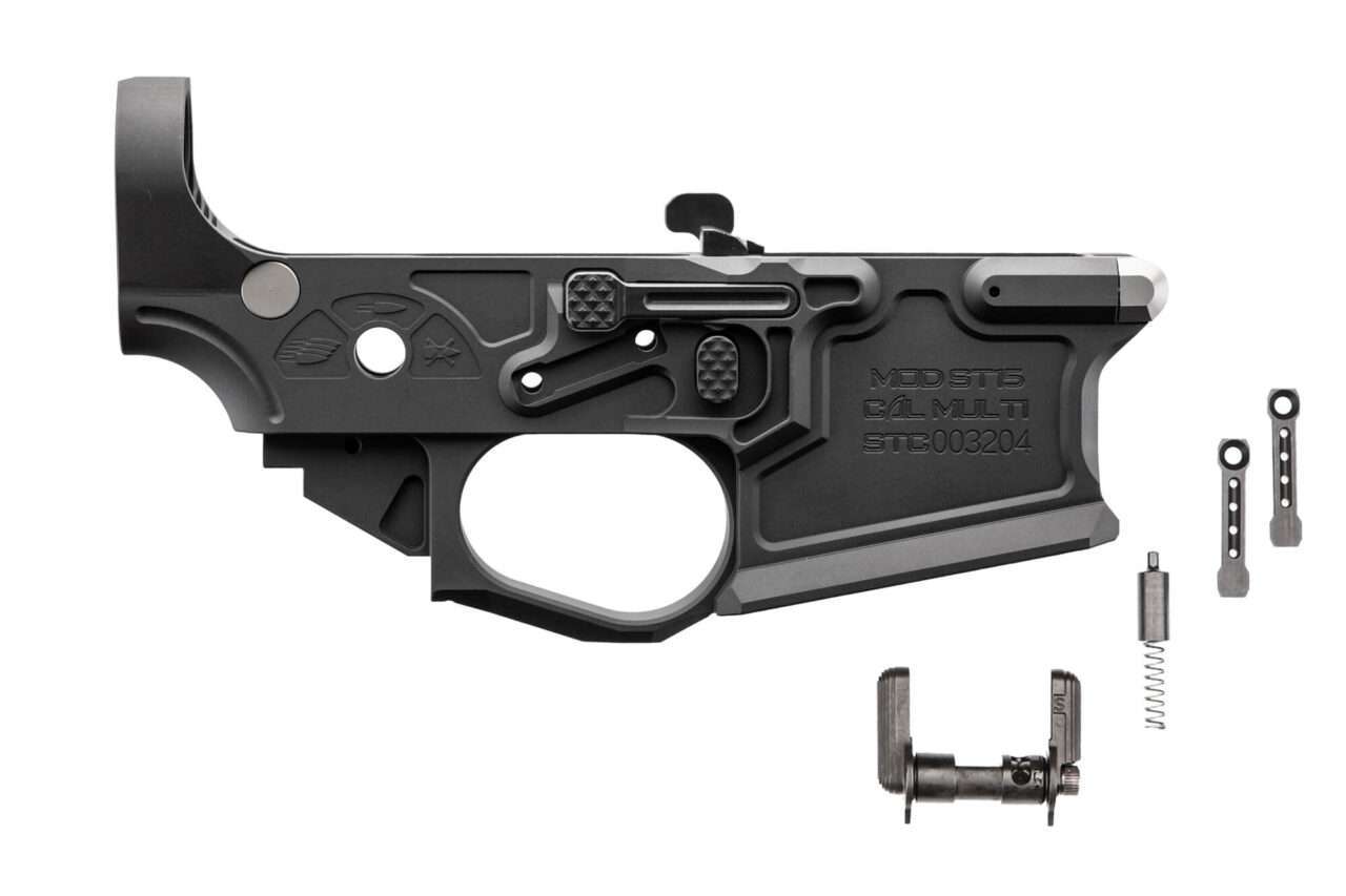 SPIKES BILLET LOWER GEN II LEFT SIDE VIEW WITH SELECTOR, BUFFER RETAINER AND ANTI ROTATE PINS